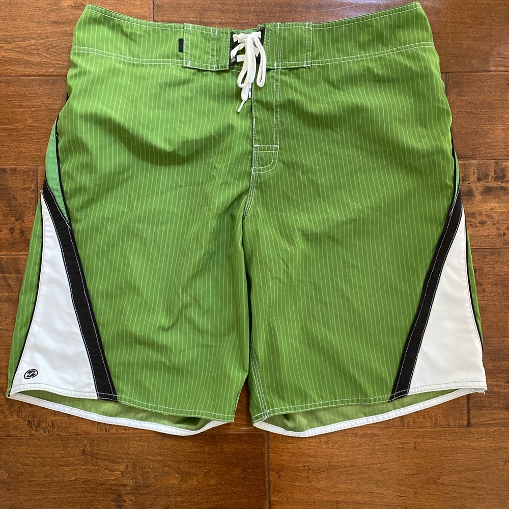 Billabong Lime Green Pinstripe Swim Board Shorts with Black & White Panels